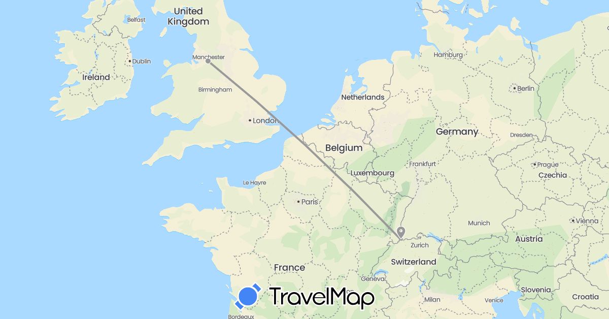 TravelMap itinerary: driving, plane in Switzerland, United Kingdom (Europe)